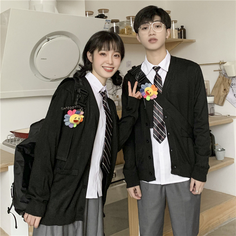 Wholesale Spring and Autumn British Academy Style Class Uniforms for Junior and Senior High Schools, Dark Gray Long Skirt, Black Cardigan, Korean Style School Uniform Set, British Style