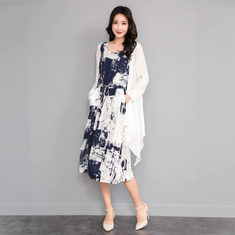 Летнее новое платье в этническом стиле средней длины, юбка с чернилами, юбка-жилет + кардиган, комплект из двух предметов