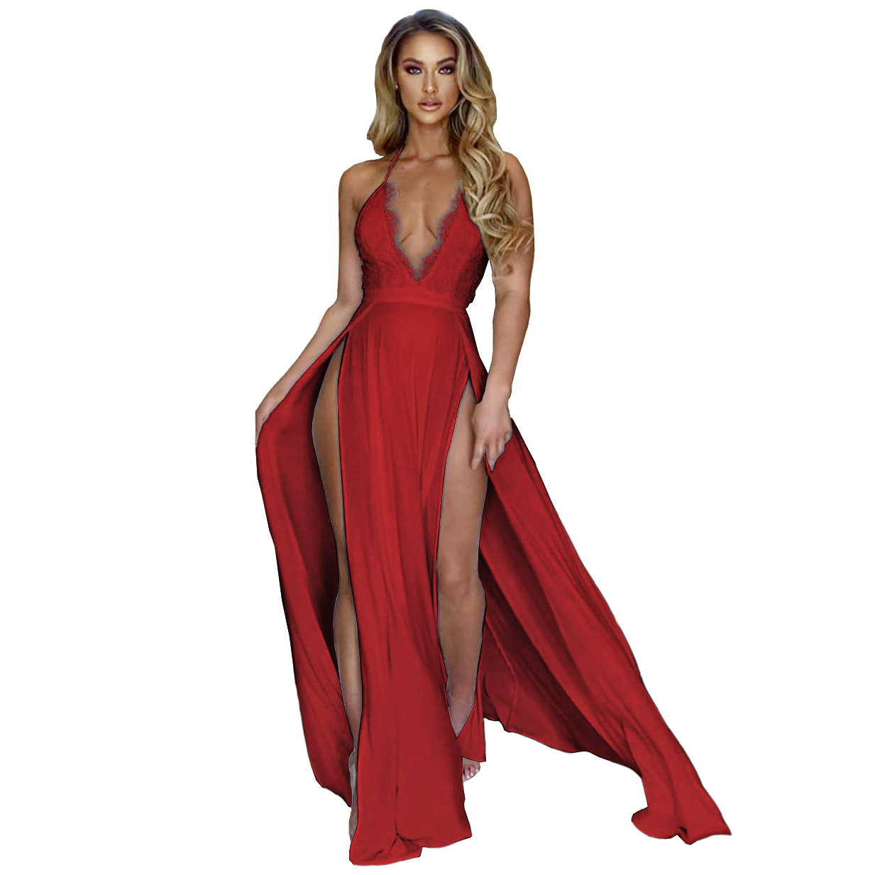 Solid Color Deep V-Neck Suspender Slit Dress NSQYT92494