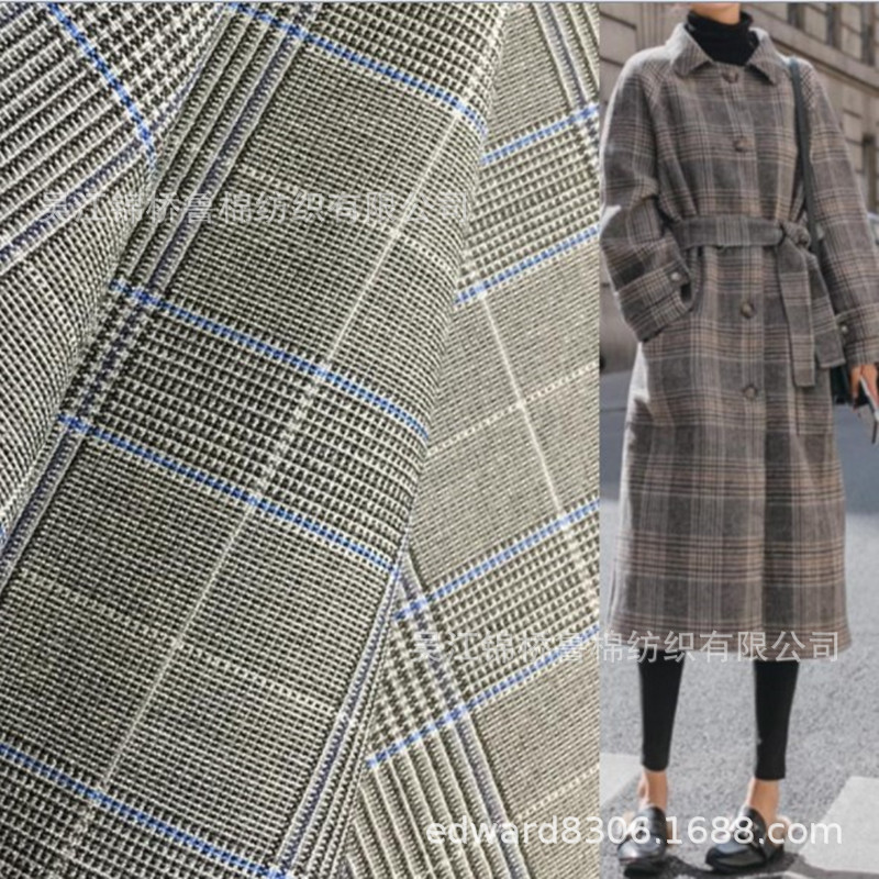 色织千鸟格米通格四面弹力斜纹布TR交织双层布涤锦粘提花竹节绉布