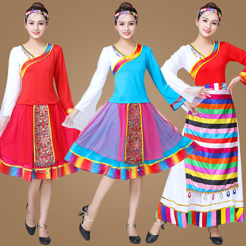 2019 Square Dance Costume New Middle-Aged Spring and Summer Performance Suit Milky Silk Ethnic Dance Large Swing Skirt Short Skirt