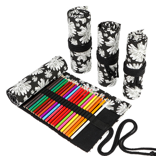 Snowflake Print Handmade Canvas Pen Organizer with 36/48/72 Holes, Large Capacity Reel Pen Case, Colored Pencil Sketch Supply Bag