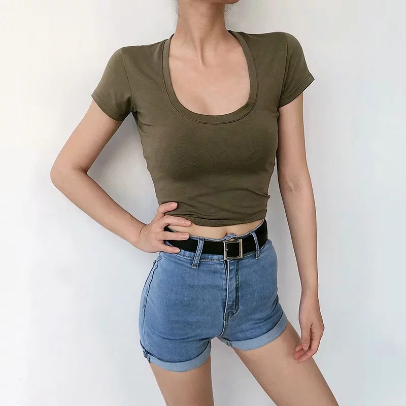 high-waist solid color short-sleeved t-shirt   NSAC39387