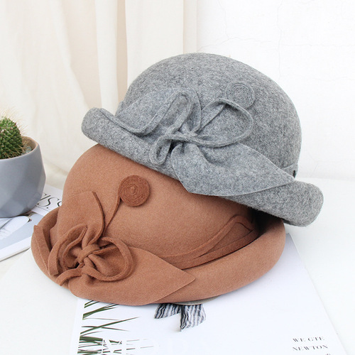 Party hats Fedoras hats for women Hat Women season woolen hat round top curled small pot cap flower felt hat