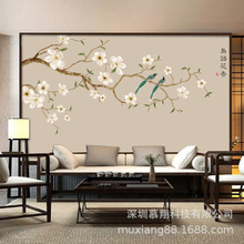 新中式手绘工笔花鸟沙发背景墙无缝壁画 卧室床头中式花鸟12D壁画