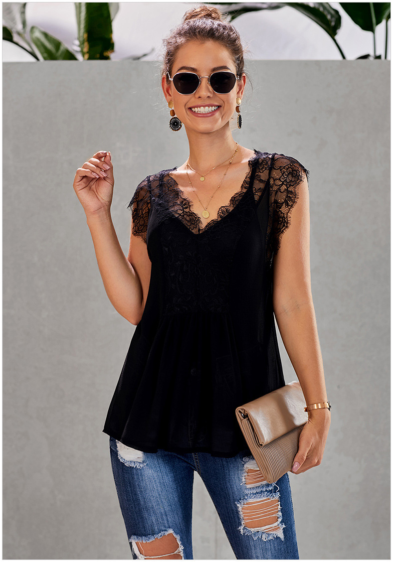 sleeveless stitching sexy hollow v-neck loose top   NSSI16496