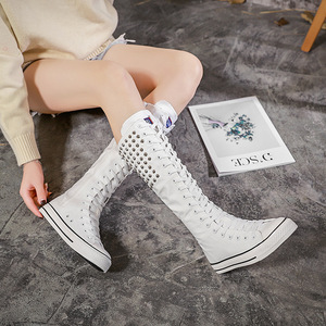 Jazz hiphop Gogo dancers group dance shoes for women girls thigh-high boots rivets shoes high students to help with side zipper flat canvas shoes