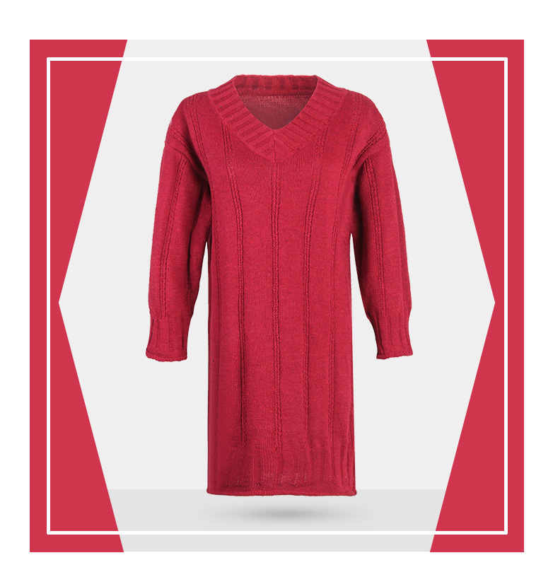 V-neck solid color loose versatile mid-length long-sleeved sweater  dress NSJR27501