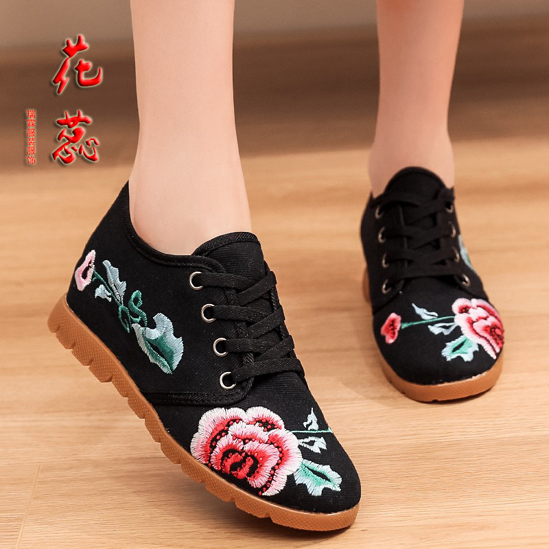 Flower Rui old Beijing cloth shoes women's shoes hidden height lace-up all-match casual wedge shoes ethnic style embroidered single-layer shoes women