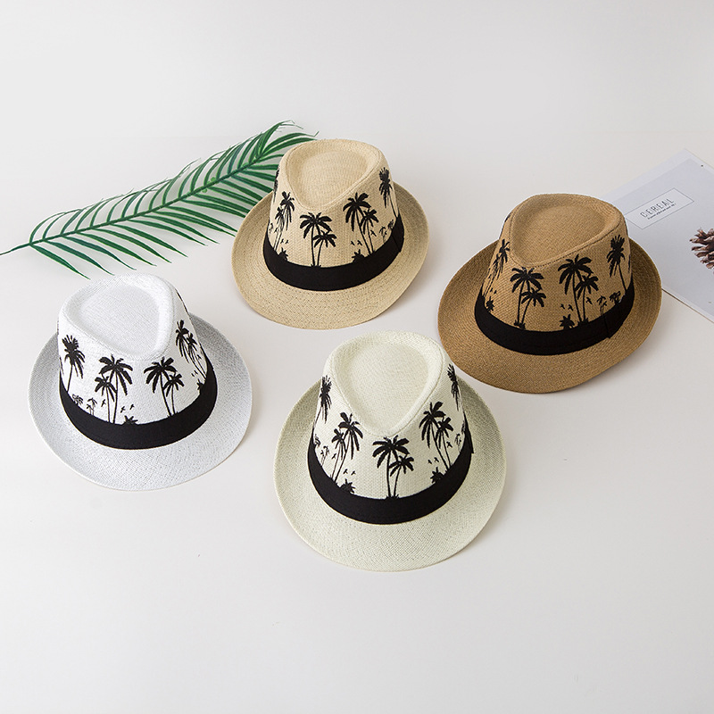 Summer Season Unisex Gender Printing Design Pastoral Style Crimping Rim Unisex Pastoral Coconut Tree Printing Crimping Fedora Hat