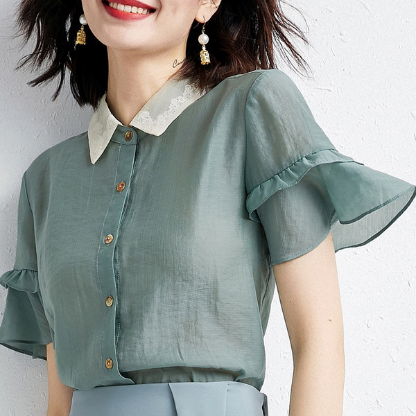 new embroidered Lapel Tencel Chiffon Shirt Short Sleeve Blouse