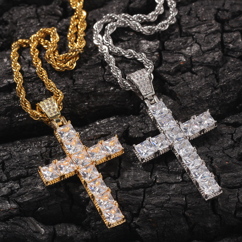 Cross-border hot selling hip-hop square zircon cross necklace European and American punk personality male and female couple pendant accessories