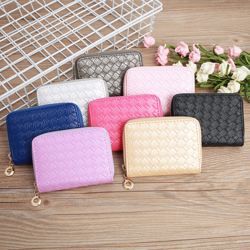 48g Weight Zipper Closure Type Pu Leather Material Solid Color Pattern Unisex Gender Grey, Rose Red, Purple, Blue, Gold, Silver, Black Color Nihaojewelry Wholesale Accessories Korean Woven Pattern Multi-position Card Bag 无