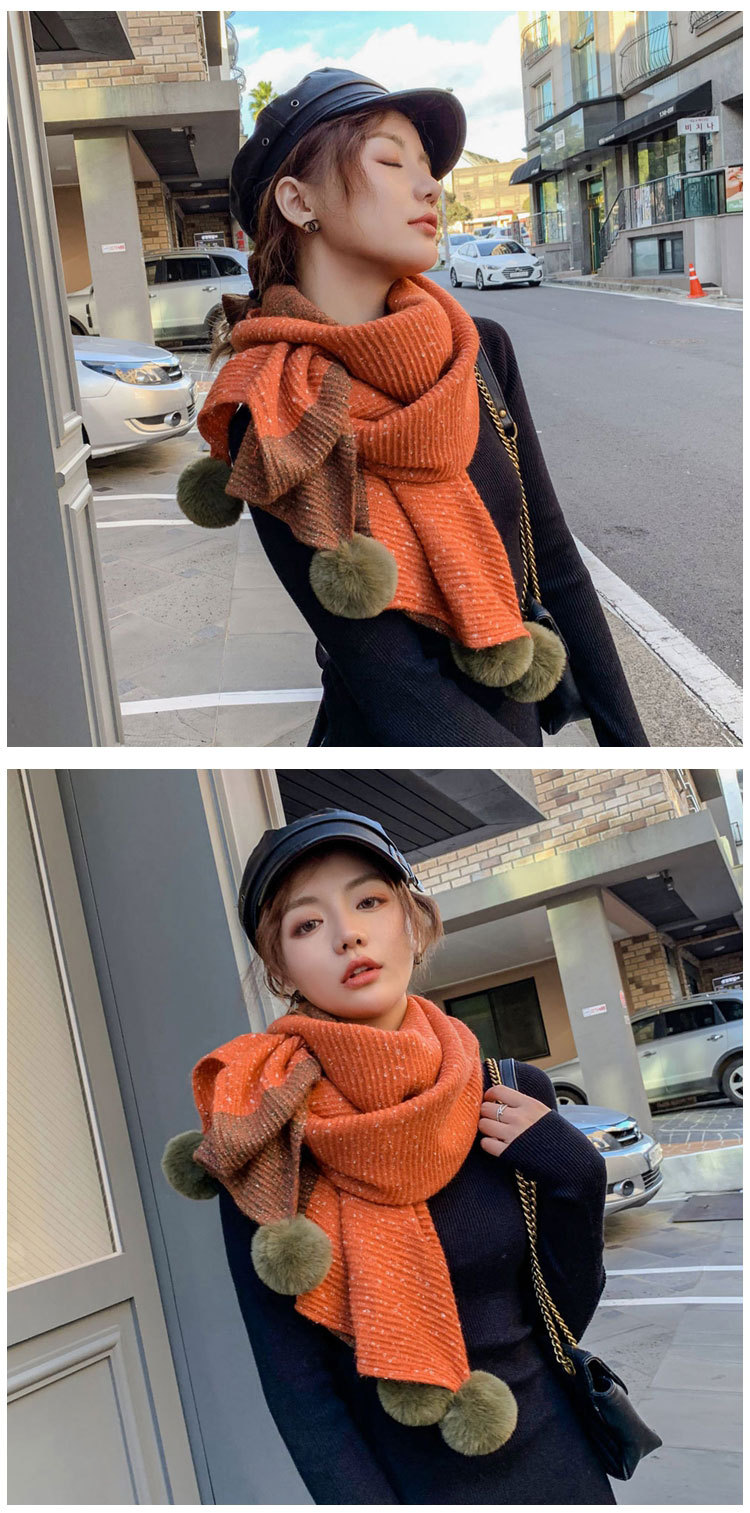 Left And Right Stitching Four Hair Ball Scarf Women Autumn And Winter New Long Section Thick Couple Students Warm Wild Scarf display picture 7