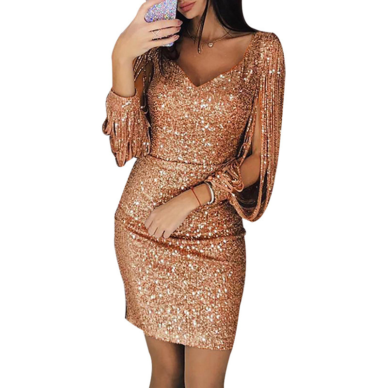 Fringe Cut Out Sleeve Sequin Bodycon Dress