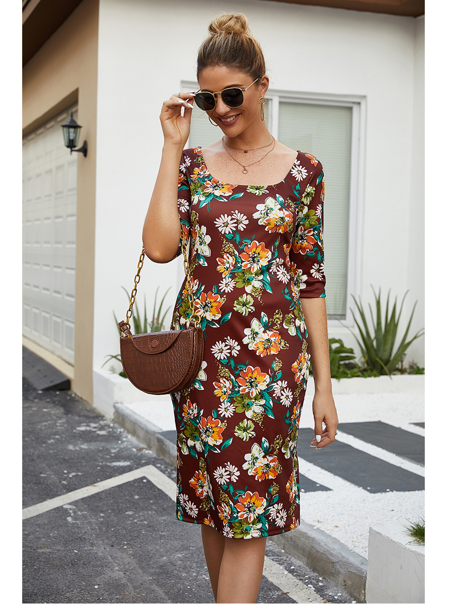 Round Neck Printed Bouquet Waist Slim Dress NSAL14189