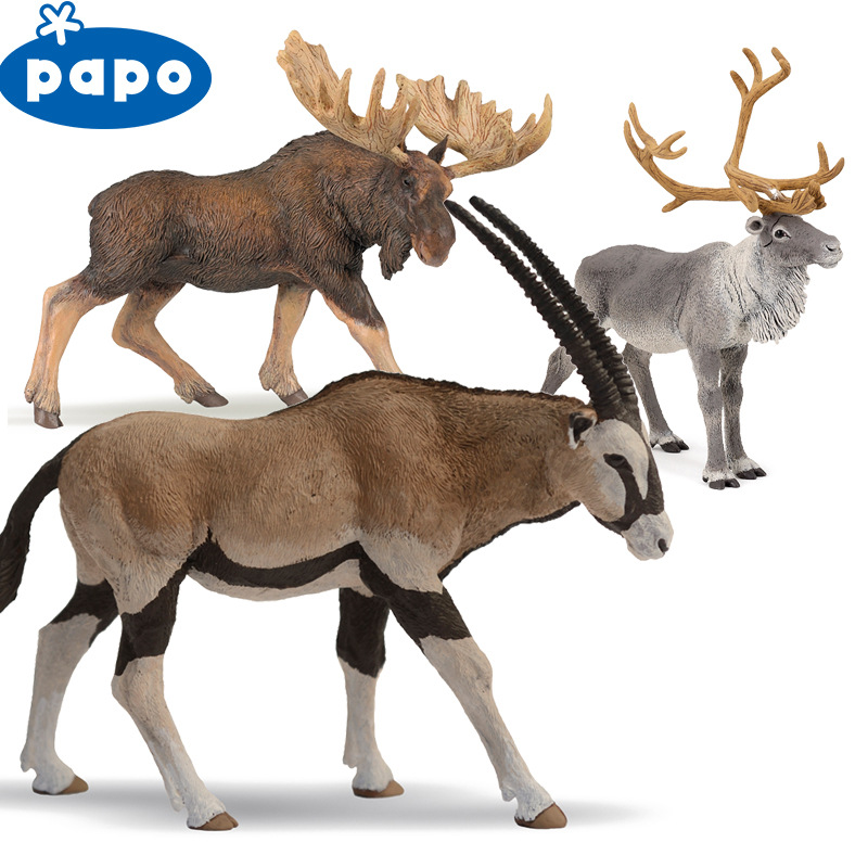 法国PAPO仿真动物模型大剑羚羊北美驯鹿驼鹿角马儿童教具模型
