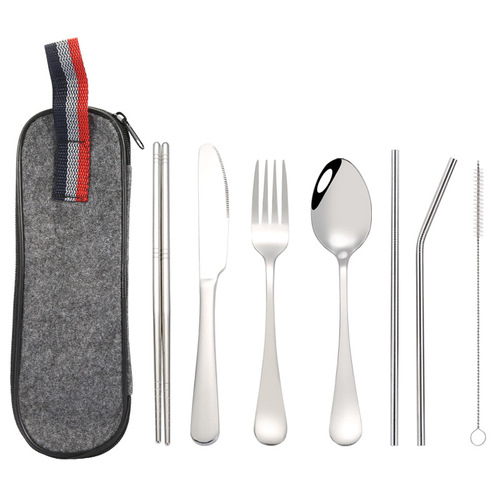 Cross-border Amazon stainless steel portable cutlery set for students outdoor travel spoon fork chopsticks straw combo set