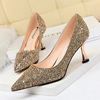 European and American fashion metal heel high heel shallow mouth pointed sparkle sexy nightclub single shoes high heels