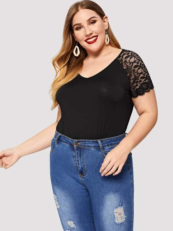 Cross border wish Amazon Ebay AliExpress Europe and America Foreign trade new pattern Women's wear Lace Mosaic Short sleeved shirt