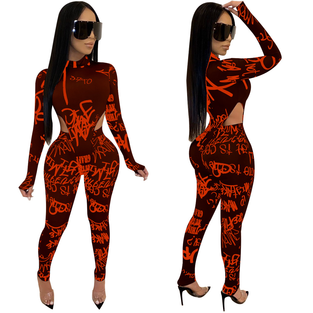 sexy high-neck slim waistless printed bodysuit two-piece set Nihaostyles wholesale clothing vendor NSTYF72943