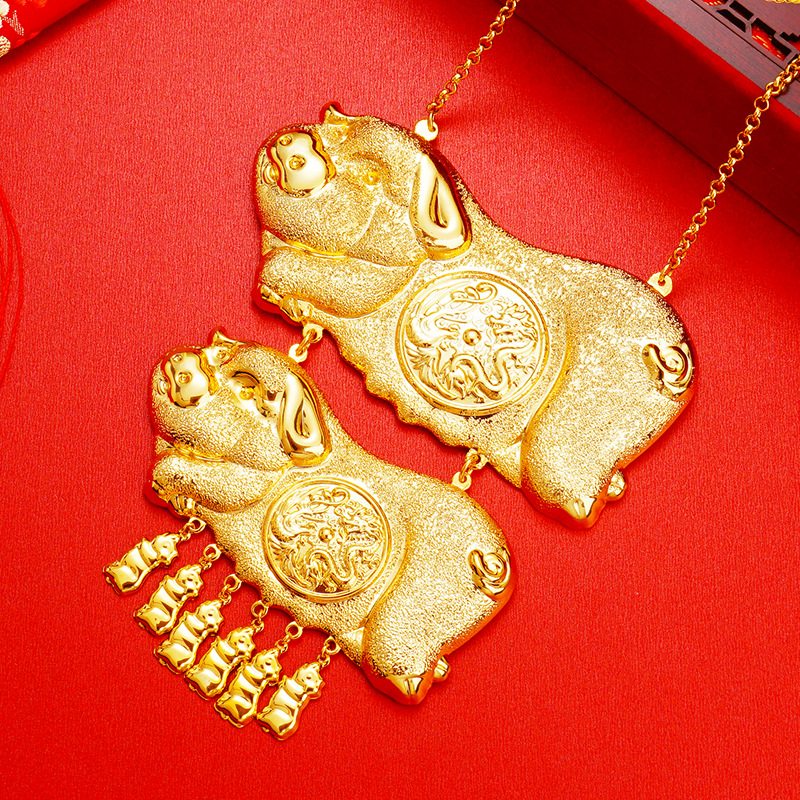 Oro tienda ventana imitación oro puro boda doble bendición cerdo marca Collar chapado en oro arena oro dragón y Fénix boda collar nupcial
