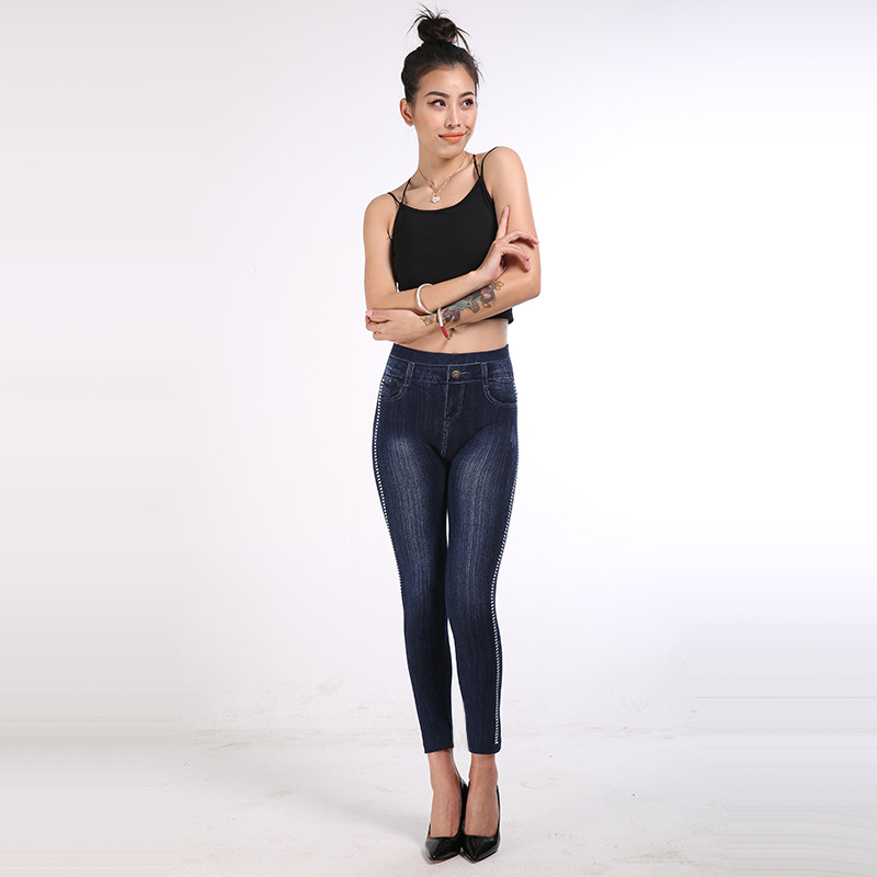 Dam leggings denim look hög midja bomull med prickar byxor_voghion.com