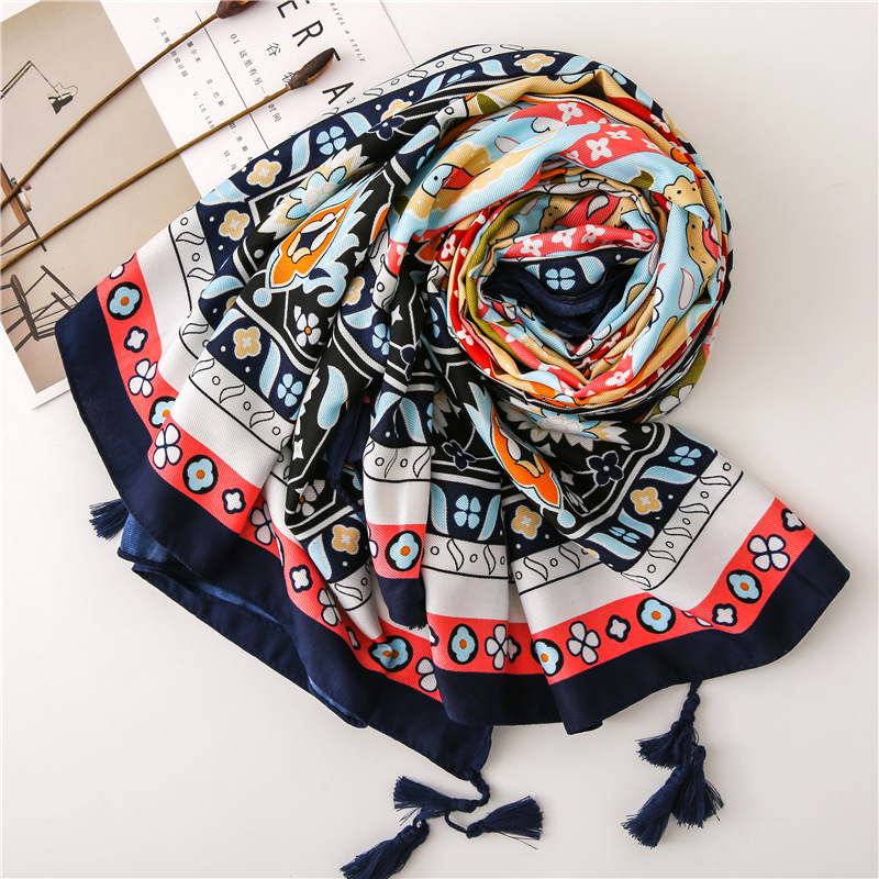 Nepal Dual-use Scarf National Wind Tassel Shawl Air Conditioning Shawl Female Summer Seaside Holiday Beach Print Scarf display picture 5