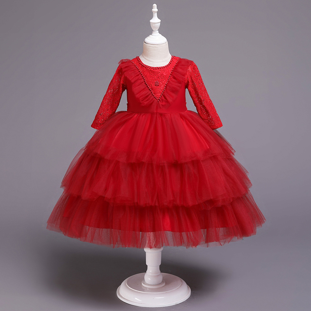 跨境女宝宝红色洗礼服婴幼儿周岁蕾丝礼服裙百日宴红色蛋糕公主裙
