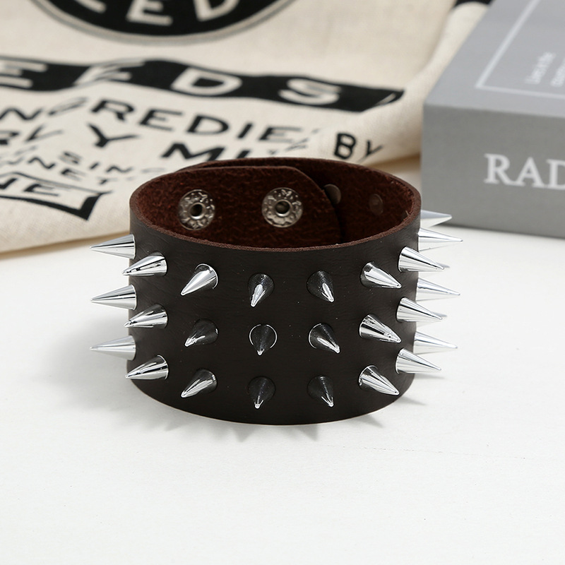 Menu0027s Leather Bracelet European and American Punk Non-mainstream Three-row Spike Rivet Bracelet 
