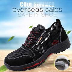 A unisex black safety mesh protective shoe for summer, with anti-strike and anti-puncture features, breathable and large-mesh design.