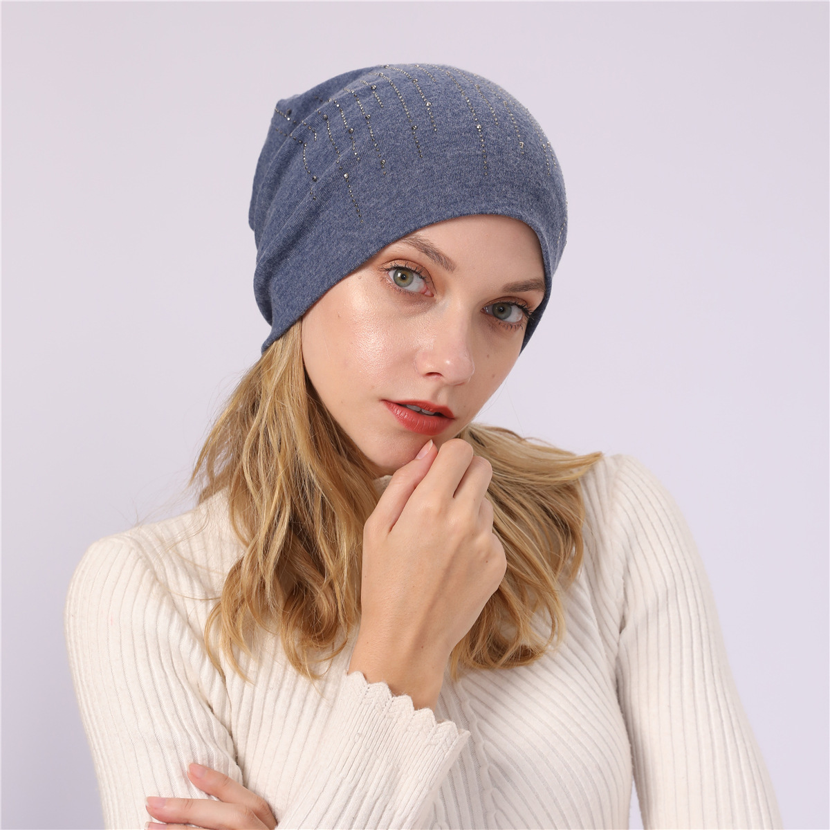 M965 nouveau automne/hiver Couple pull Double couche Imitation cachemire chaud diamant coton tissu chaud clair de lune chapeau_voghion.com