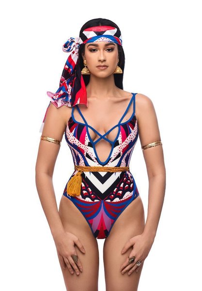 New totem printed triangular conjoined swimsuit sexy fixed-plate 