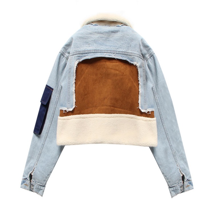 Mode Bloc De Couleur Patchwork Polyester Boucle Cachée Manteau Veste En Jean display picture 1