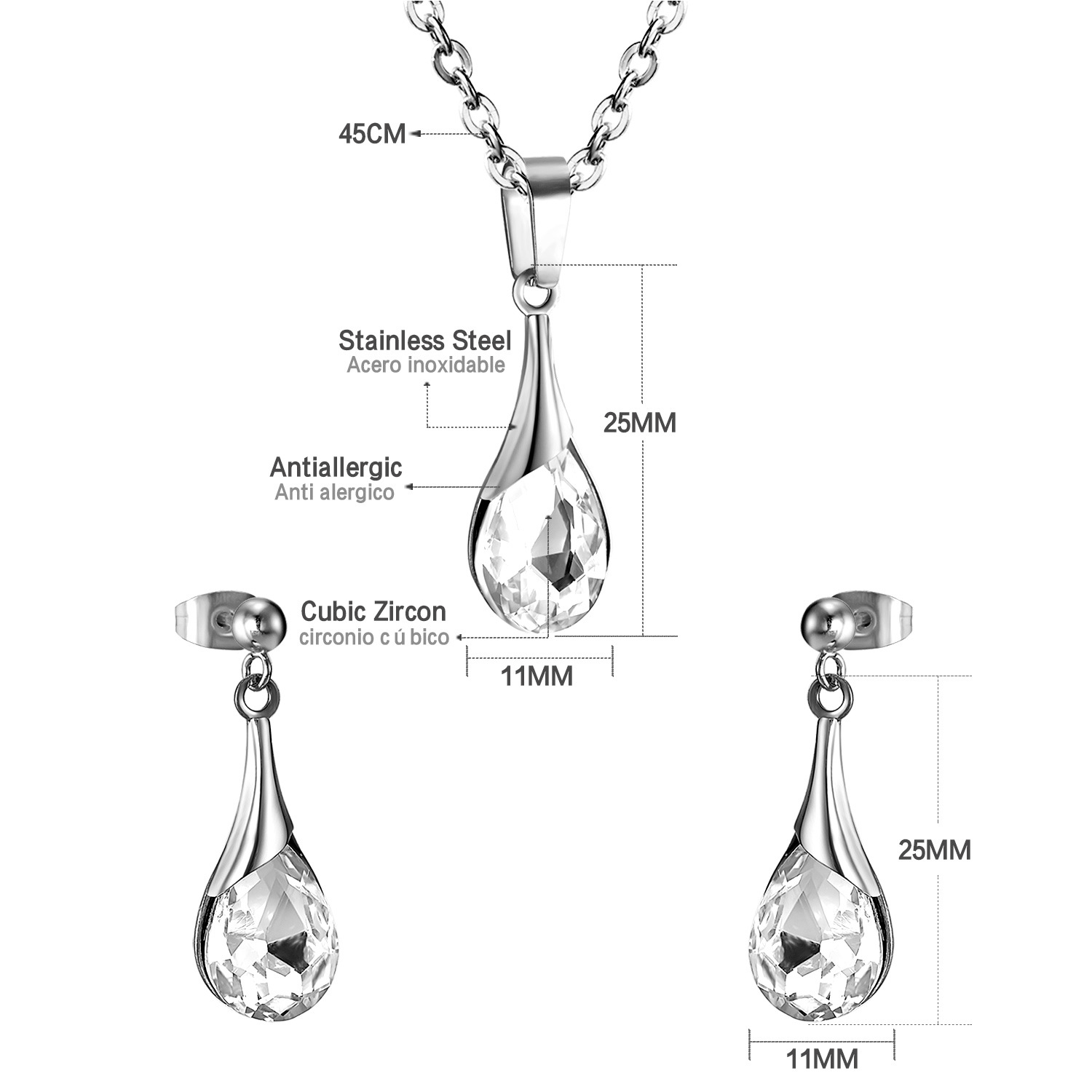 Fashion Water Droplets Stainless Steel Plating Zircon Earrings Necklace 1 Set