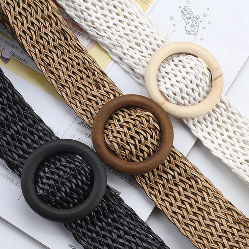 New Korean style cotton and linen woven belt for women round wooden buckle dress gown decorative belt