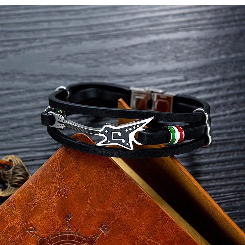 Bracelet En Cuir Pour Homme Punk Bracelet Personnalisé Pour Petite Guitare Bracelet En Cuir Tressé Multicouche display picture 2