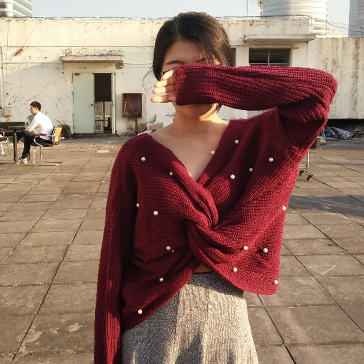 Suéter de Punto con Cuello en V y Espalda con Perlas para Mujer, Otoño/Invierno 2026, Éxito de Ventas en Amazon