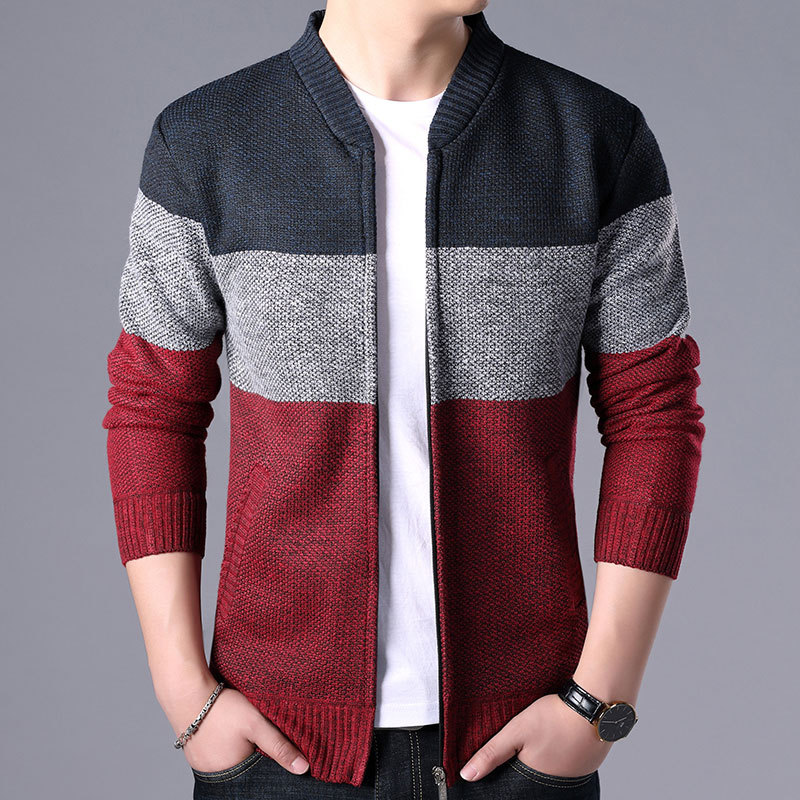 Autumn and winter new men's Plush stand collar color matching cardigan sweater large casual sweater men's warm coat