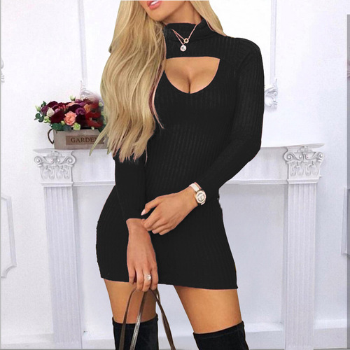 European beauty slim high-neck long-sleeved evening dress singers night club bar performance mini dress