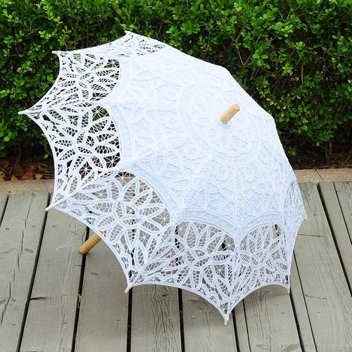 Lace craft floral umbrella, classical princess dance embroidered crocheted sun umbrella, wooden handle straight rod hanging silk fabric umbrella