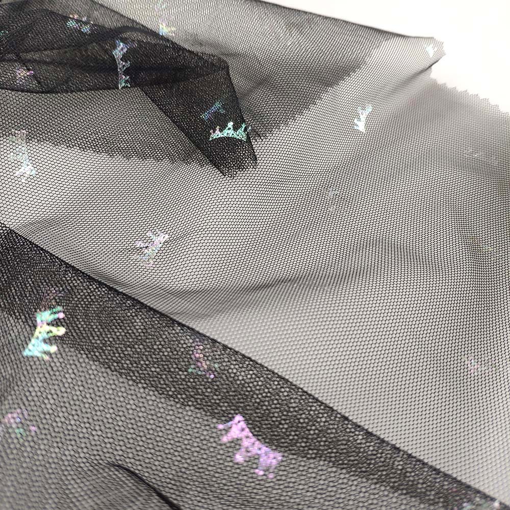 七彩烫金童装小皇冠网纱面料 网布箔印春夏网布面料