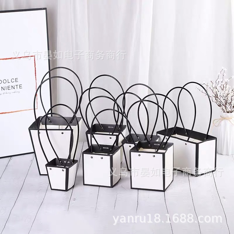 长柄鲜花手提袋防水卡纸手提花盒纸质创意正方形插花盒子手提篮