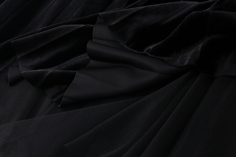 Dames rok geplooid van fluweel met mesh en goud accent_voghion.com