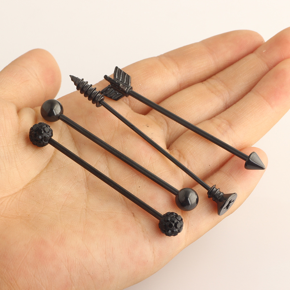 Industrial Barbell Set Arrow Earrings Double Ear Piercing Jewelry Stainless Steel Black detail image 17