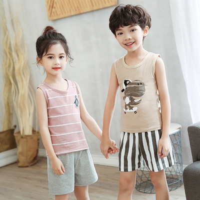 2019 summer Cotton new pattern Boy girl Cartoon pure cotton leisure time Sleeveless children vest suit On behalf of