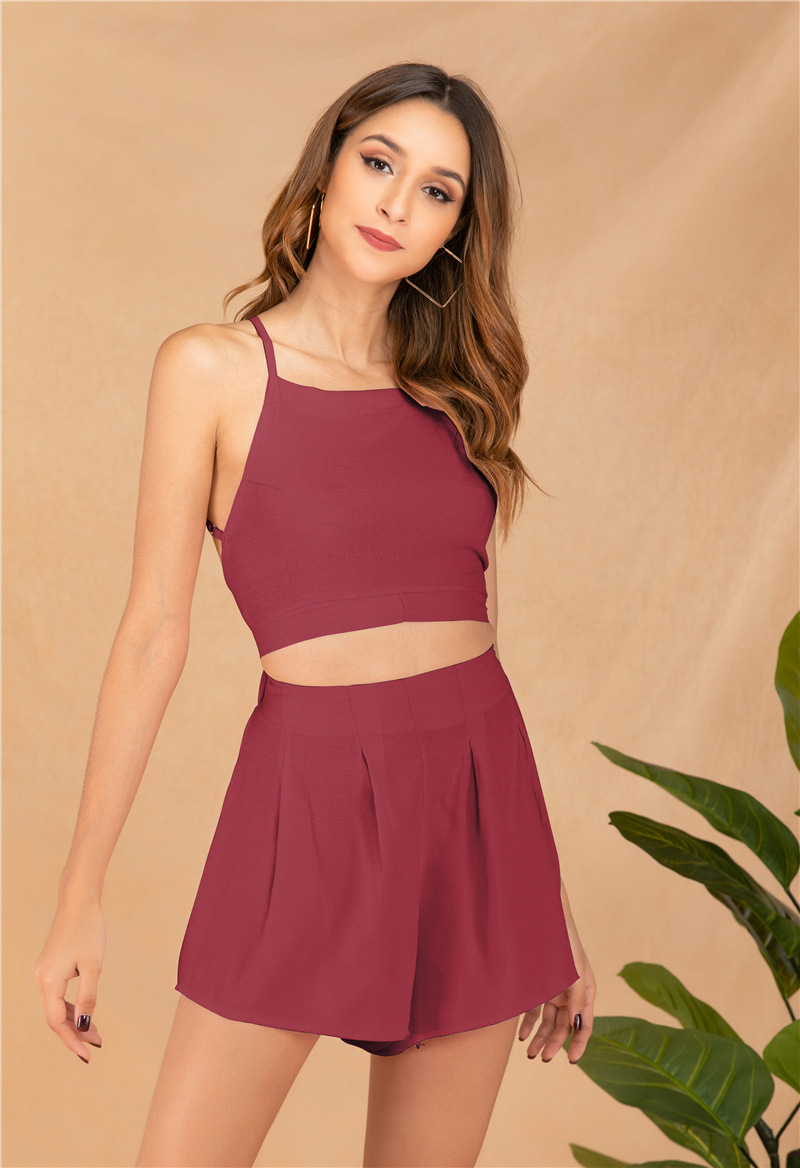 sling backless lace-up solid color top and shorts suit NSHNF117279