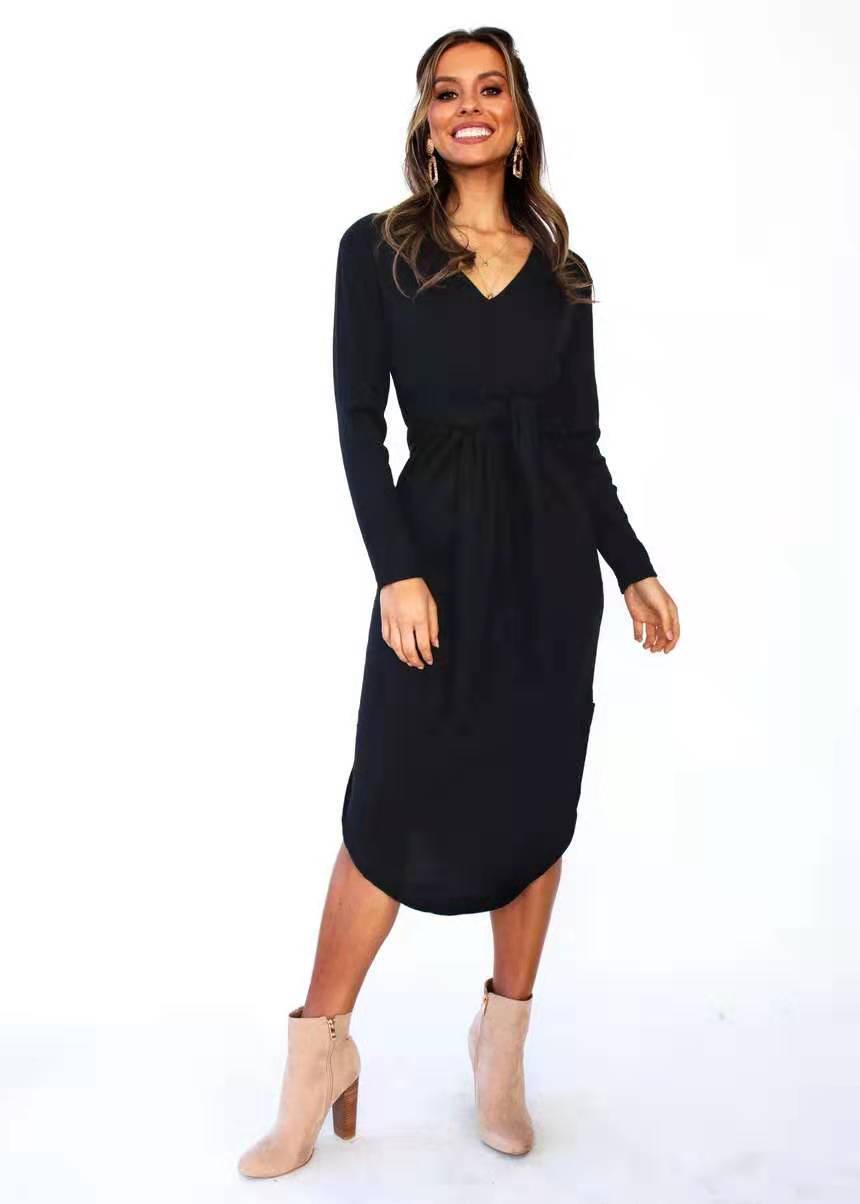  V-neck long-sleeved lace-up solid color mid-length dress  NSYD3739