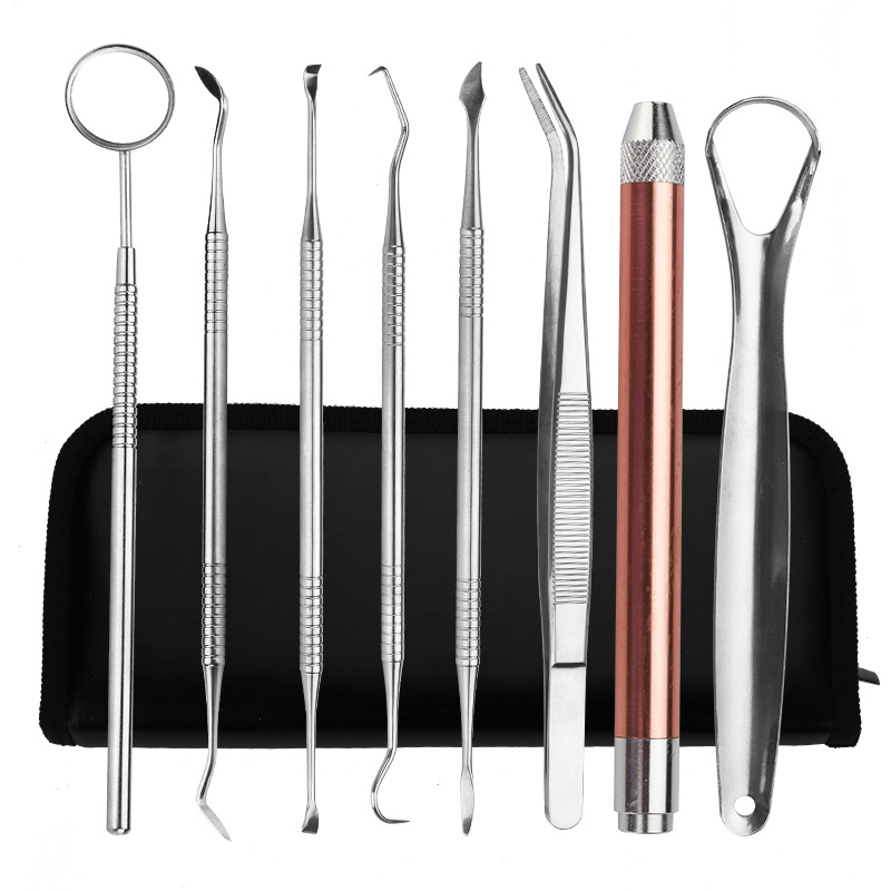 现货批发发光牙齿护理家用套装 不锈钢口腔工具8件套装舌苔刮舌器