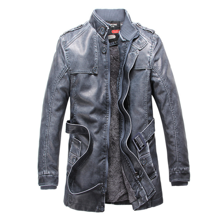 2019 New zipper slim man leather coat windbreaker medium long washed with velvet PU leather coat casual leather coat man